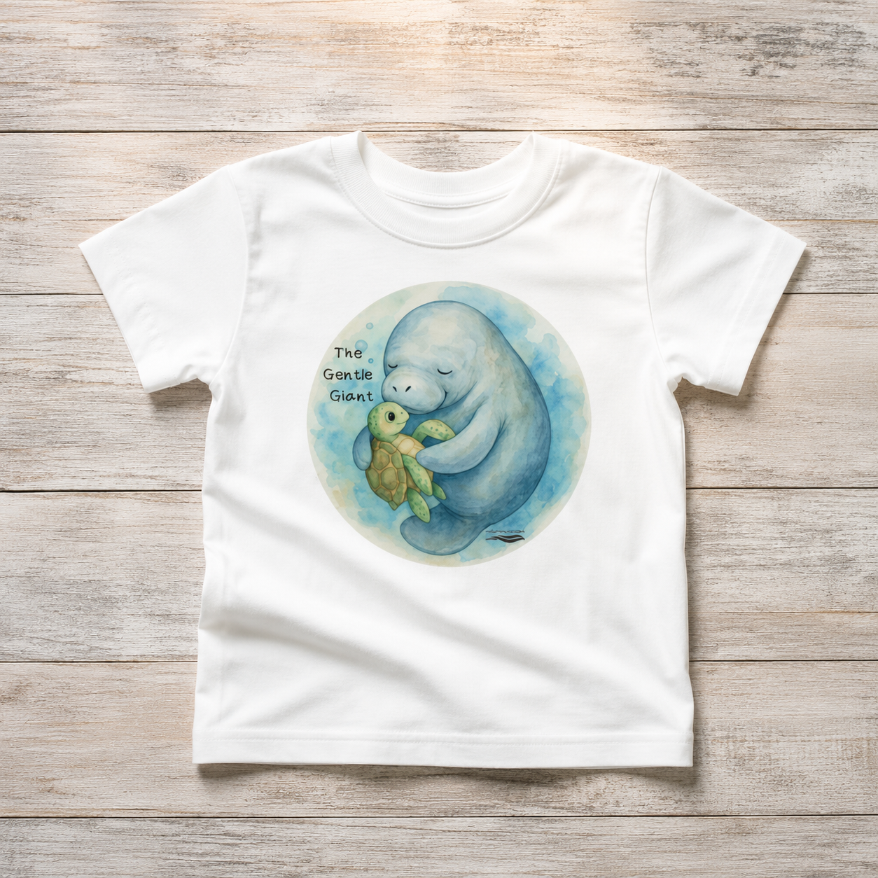 A white toddler short-sleeve t-shirt with a watercolor-style graphic of a blue manatee hugging a green sea turtle inside a circular frame, with the text 'The Great Green Giant' on the chest. The t-shirt is laid flat on a light-colored wooden plank background.
