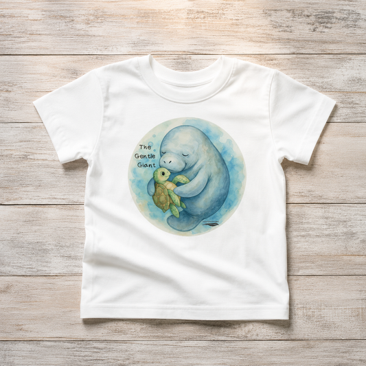 A white toddler short-sleeve t-shirt with a watercolor-style graphic of a blue manatee hugging a green sea turtle inside a circular frame, with the text 'The Great Green Giant' on the chest. The t-shirt is laid flat on a light-colored wooden plank background.