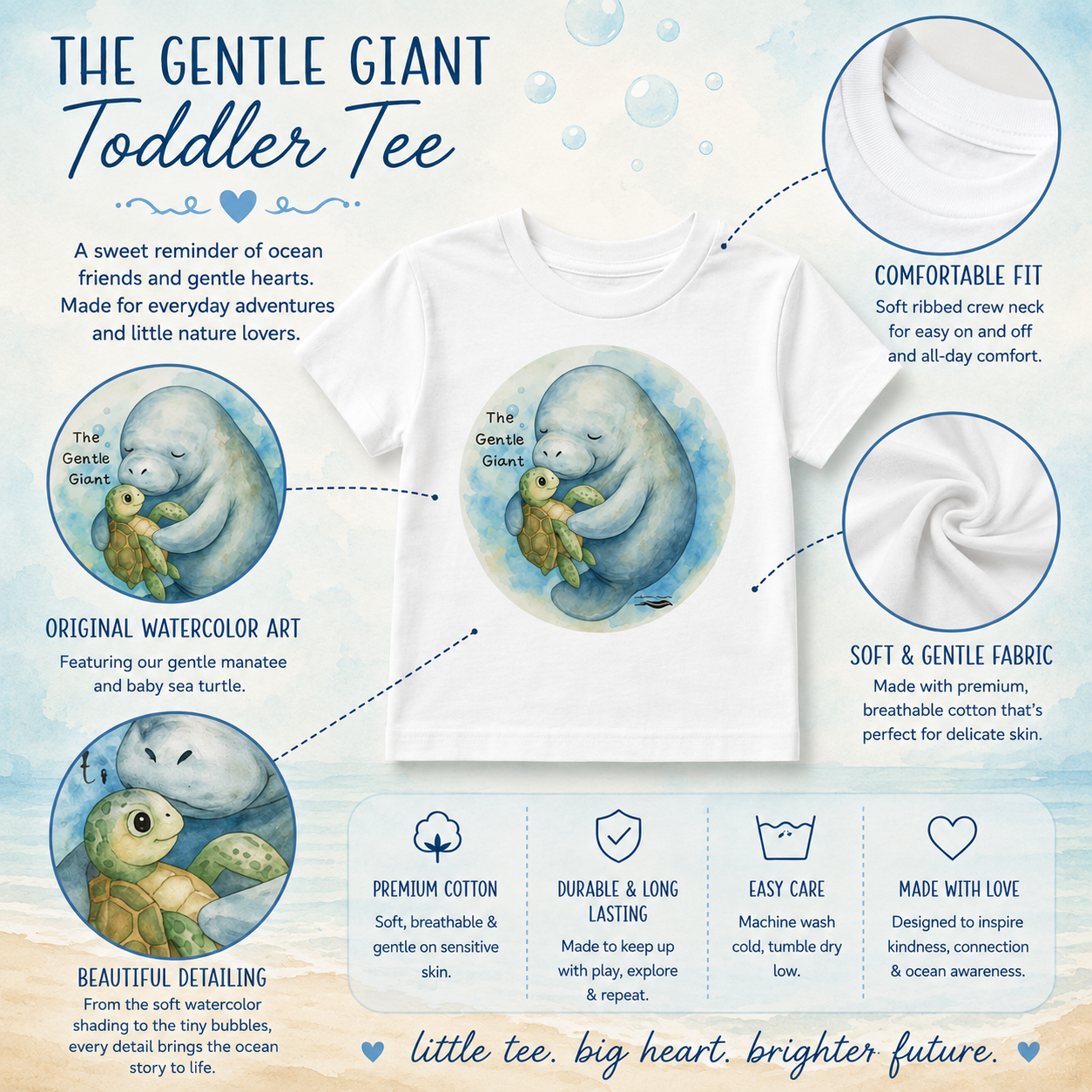 A promotional infographic for a toddler t-shirt featuring the product name 'The Gentle Giant Toddler Tee' and multiple callout circles highlighting fabric, fit, and watercolor print details on a white t-shirt. The background is a light blue watercolor texture with illustrations of sea creatures.