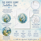 A promotional infographic for a toddler t-shirt featuring the product name 'The Gentle Giant Toddler Tee' and multiple callout circles highlighting fabric, fit, and watercolor print details on a white t-shirt. The background is a light blue watercolor texture with illustrations of sea creatures.