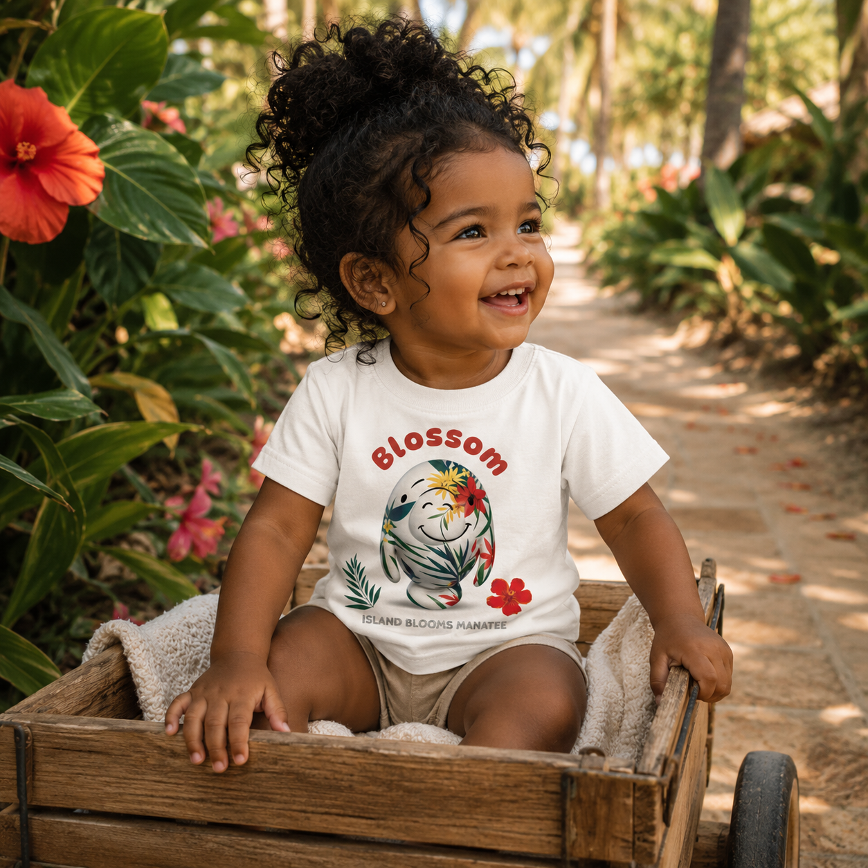 A toddler sitting in a wooden cart on a tropical garden path, wearing a white graphic T-shirt that reads 'Blossom' with a colorful floral and bird design.