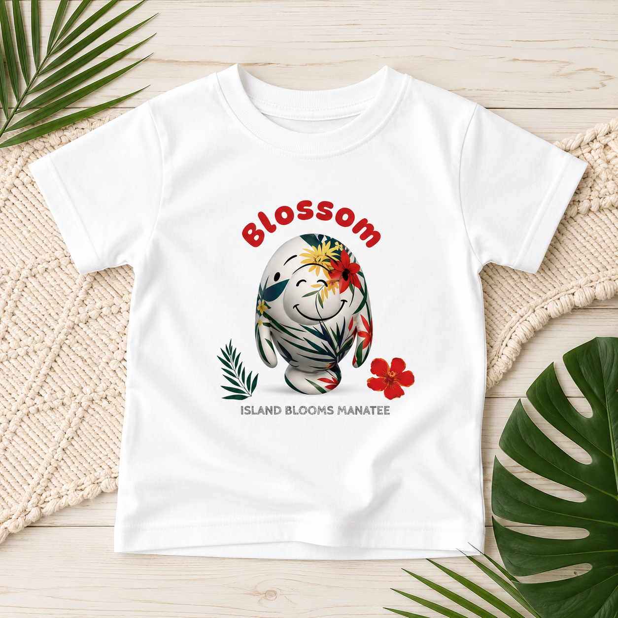 A white short-sleeve kids' T-shirt laid flat on a light wood surface with woven mat and green leaves as styling props. The shirt has a colorful front graphic of a smiling flower-covered figure with the word 'Blossom' above and 'ISLAND BLOOMS MANATEE' below.