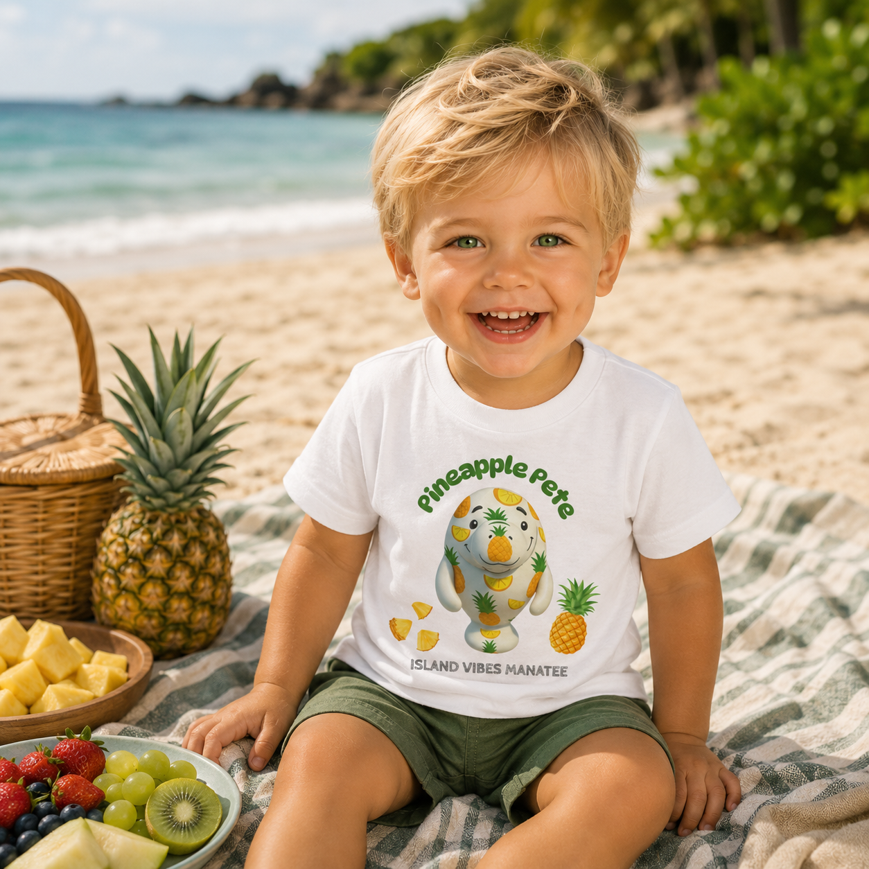 A smiling young boy sits on a beach blanket on a sandy beach, wearing a white graphic T-shirt that reads 'Pineapple Pete' and 'Island Vibes Manatee.' The scene includes a pineapple, fruit, a wicker basket, and ocean scenery in the background.