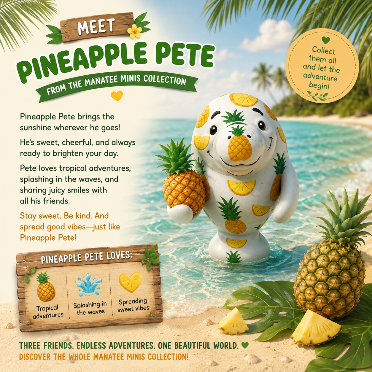 Promotional graphic for the Pineapple Pete collectible figure from the Manatee Minis Collection, set on a tropical beach background with text describing its cheerful pineapple-themed personality.