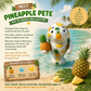 Promotional graphic for the Pineapple Pete collectible figure from the Manatee Minis Collection, set on a tropical beach background with text describing its cheerful pineapple-themed personality.