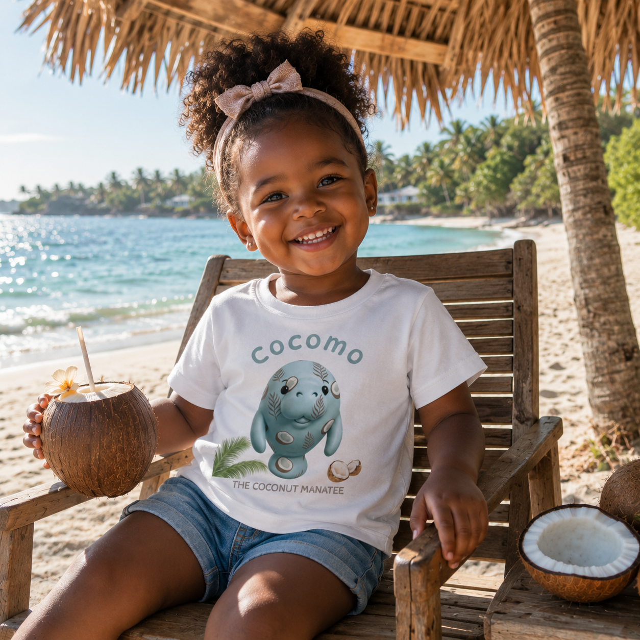 A young girl with a curly hair bow sits on a wooden beach chair under a thatched palm tree, wearing a white graphic t-shirt that reads 'Cocomo THE COCONUT MANATEE' with a cartoon coconut manatee illustration. She is holding a coconut drink on a sandy beach with the ocean in the background.