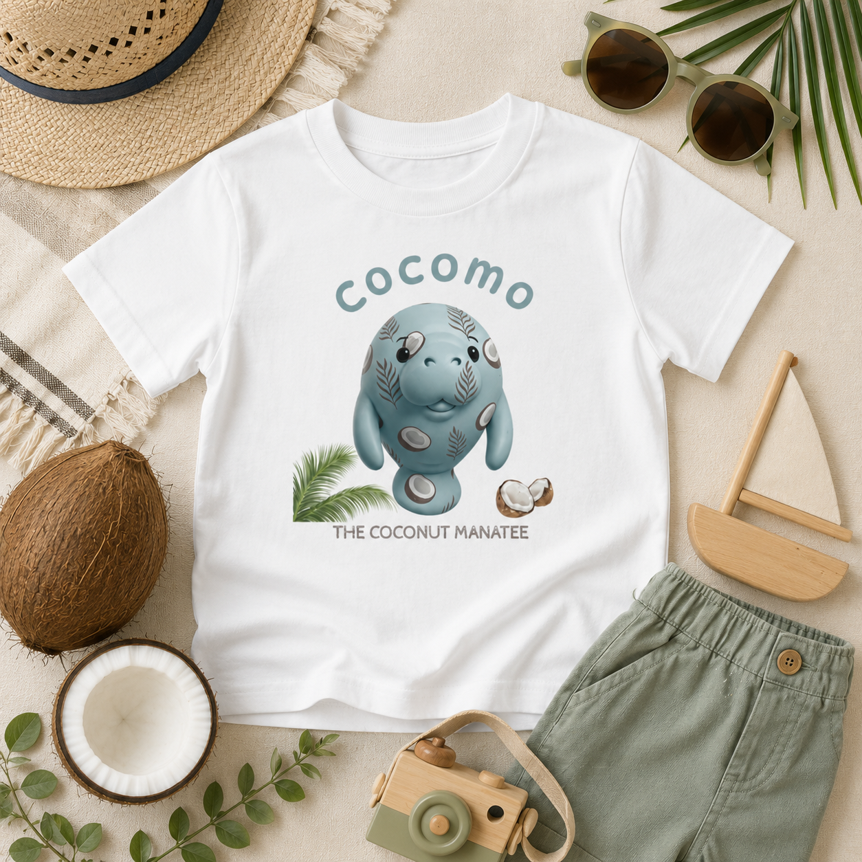 A white kids' short-sleeve T-shirt laid flat on a beige fabric surface with tropical and beach-themed props. The shirt has a printed coconut manatee graphic with the word 'Cocomo' above it and 'The Coconut Manatee' below.