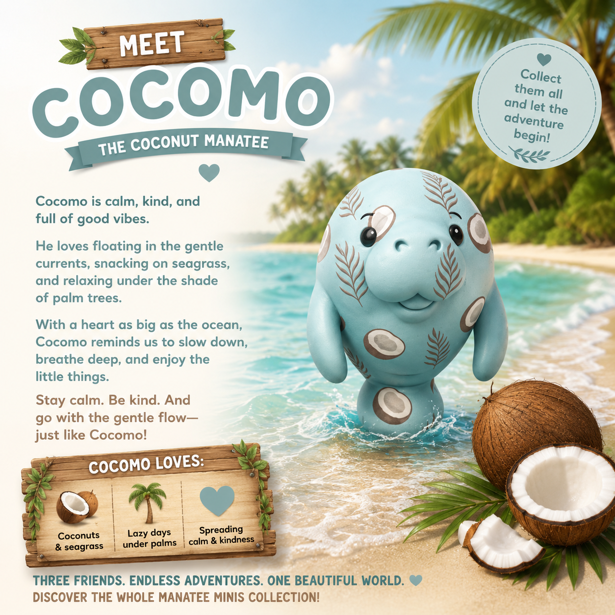 A tropical beach illustration featuring a light blue coconut manatee character labeled 'COCOMO' in the water, with coconuts, palm leaves, and beach scenery. Large text reads 'MEET COCOMO THE COCONUT MANATEE' with descriptive copy about the character and a badge that says 'Collect them all and let the adventure begin!'.