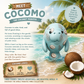 A tropical beach illustration featuring a light blue coconut manatee character labeled 'COCOMO' in the water, with coconuts, palm leaves, and beach scenery. Large text reads 'MEET COCOMO THE COCONUT MANATEE' with descriptive copy about the character and a badge that says 'Collect them all and let the adventure begin!'.
