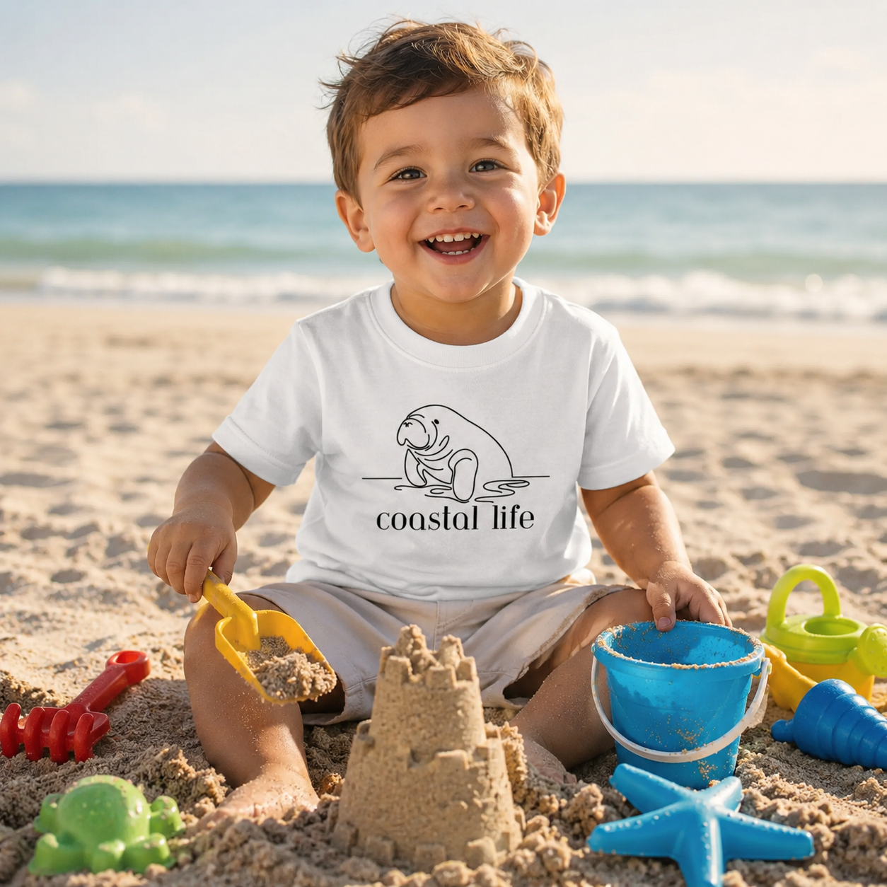 A young child sitting on a sandy beach playing with toy sanders and a bucket, wearing a white t-shirt with a black line art graphic of a seal and the text 'coastal life'.