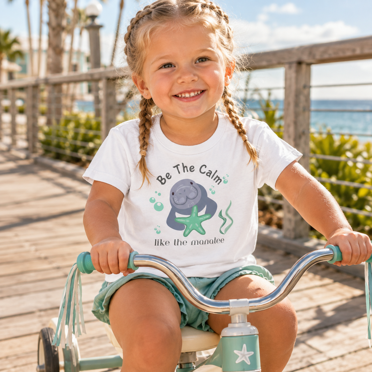 A young girl with braided hair smiles while riding a tricycle on a wooden boardwalk by the ocean. She is wearing a white graphic T-shirt with a sea otter and starfish design and the text 'Be The Calm like the manatee'.