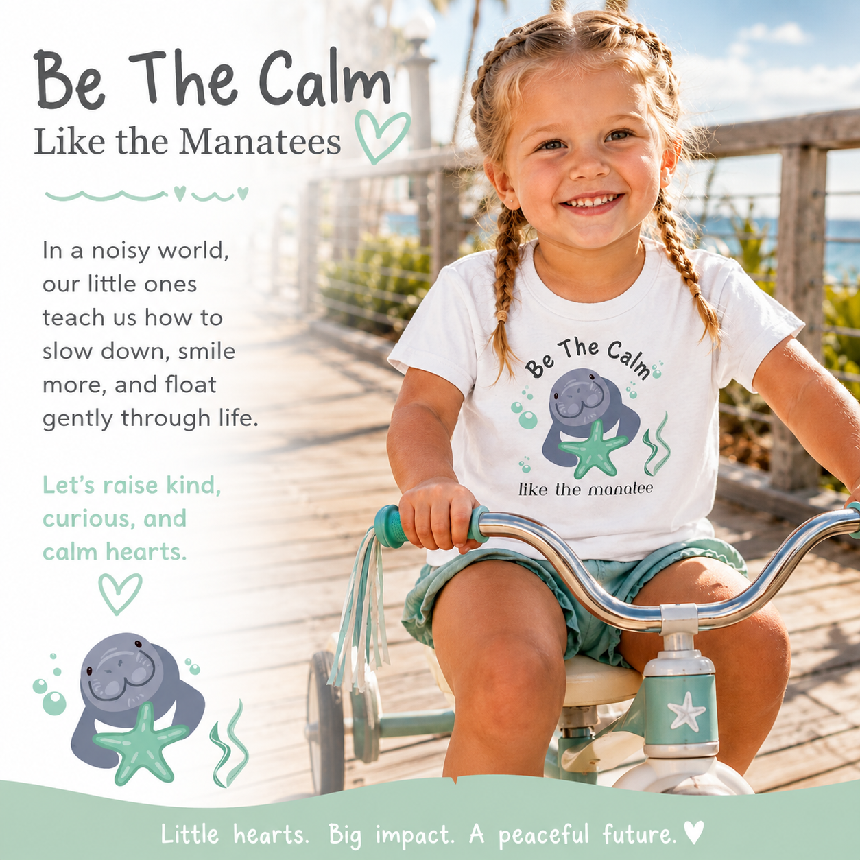 A young girl with braided hair rides a tricycle on a wooden boardwalk while wearing a white graphic T-shirt that reads 'Be The Calm Like the Manatees' with a cartoon manatee and starfish design. The image includes matching graphic elements and text on the left side.