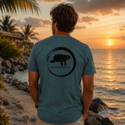A man stands on a rocky beach at sunset wearing a teal t-shirt with a black turtle graphic and the text 'everything marine' on the back, paired with khaki pants.