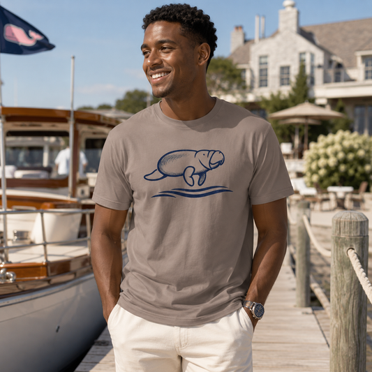 A man standing on a wooden dock wearing a taupe t-shirt with a navy blue manatee graphic, paired with off-white pants. The background features a boat on the left and a waterfront house under a blue sky.