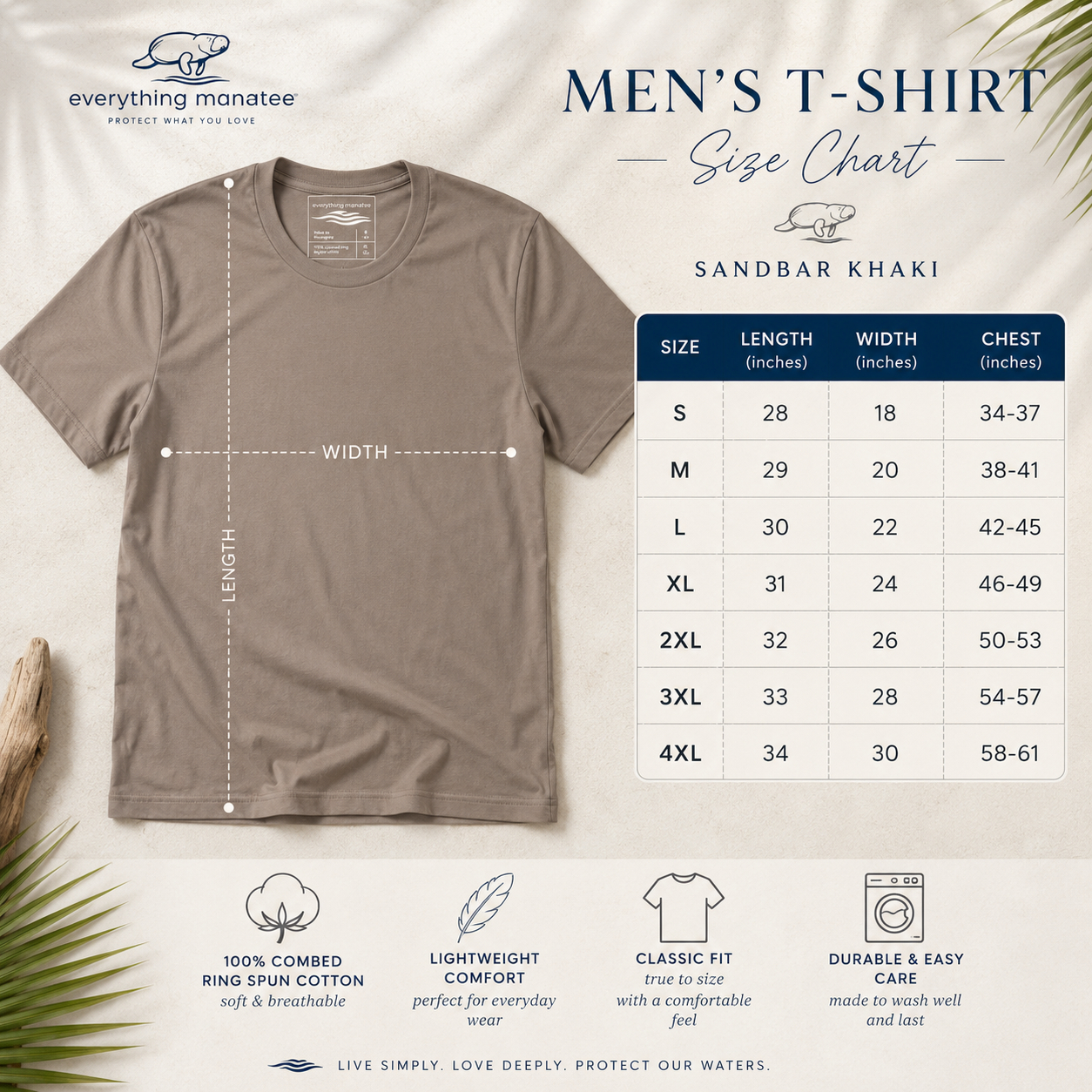 A size chart graphic for the 'Men's T-Shirt' by Everything Manatee, showing a sandbar khaki t-shirt with dimension lines indicating length and width, alongside a size table from S to 4XL.