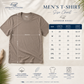A size chart graphic for the 'Men's T-Shirt' by Everything Manatee, showing a sandbar khaki t-shirt with dimension lines indicating length and width, alongside a size table from S to 4XL.