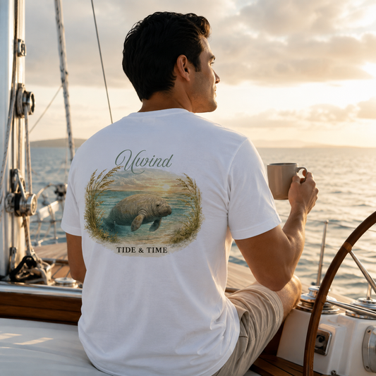A man sitting on the deck of a sailboat at sunset, wearing a white T-shirt with a large back graphic of a manatee and the words 'Nimrod' and 'TIDE & TIME'.