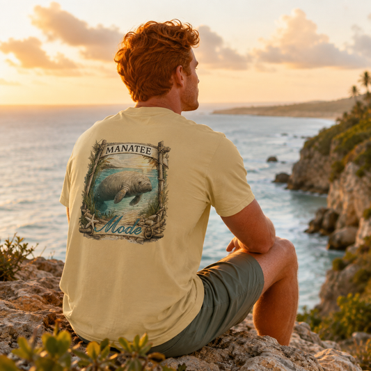 A man with red hair sits on a rocky cliff overlooking the ocean at sunset, wearing a pale yellow t-shirt with a large manatee graphic on the back and olive green shorts.