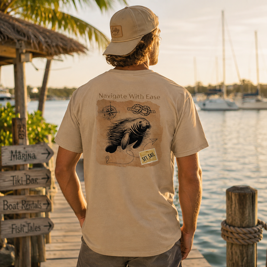 A man stands on a wooden dock at sunset wearing a beige t-shirt with a manatee graphic and 'NAVIGATE WITH EASE' text, with a boat harbor in the background.