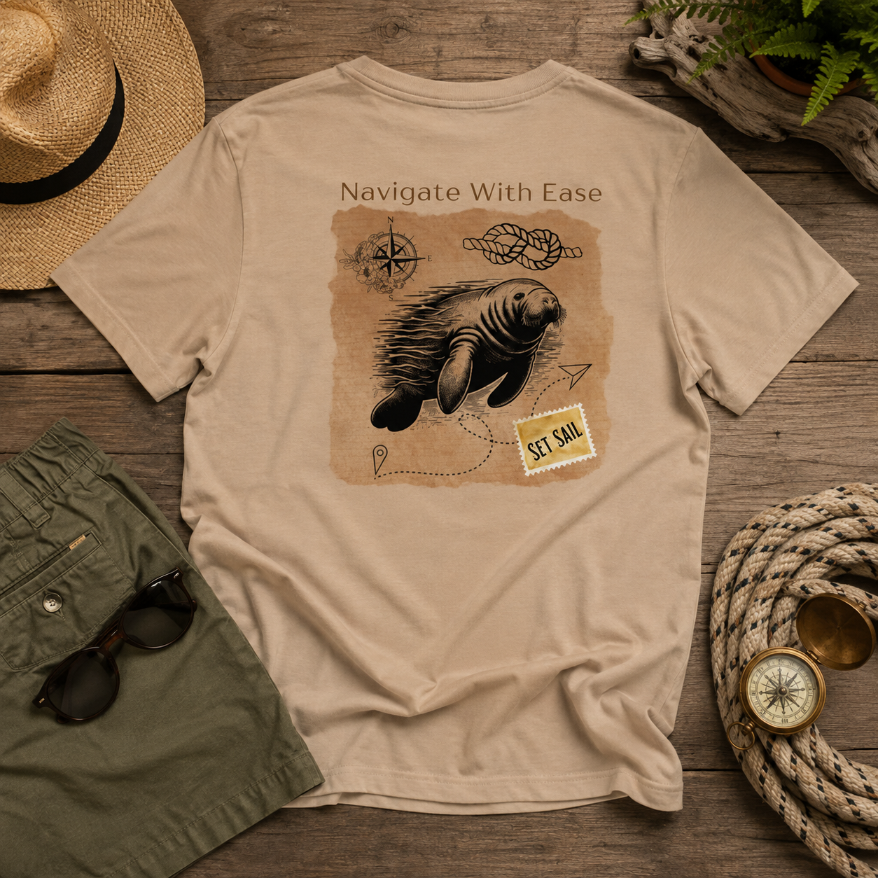 A beige graphic T-shirt laid flat on a rustic wooden surface, surrounded by nautical and travel-themed props including a straw hat, sunglasses, olive pants, rope, a small boat compass, and a plant. The shirt shows a manatee illustration with the text 'Navigate With Ease' and a stamp reading 'ST.
