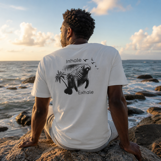 A man sits on rocks by the ocean, viewed from behind, wearing a white graphic T-shirt with a black illustration of a sea lion and the words 'Inhale' and 'Exhale'.