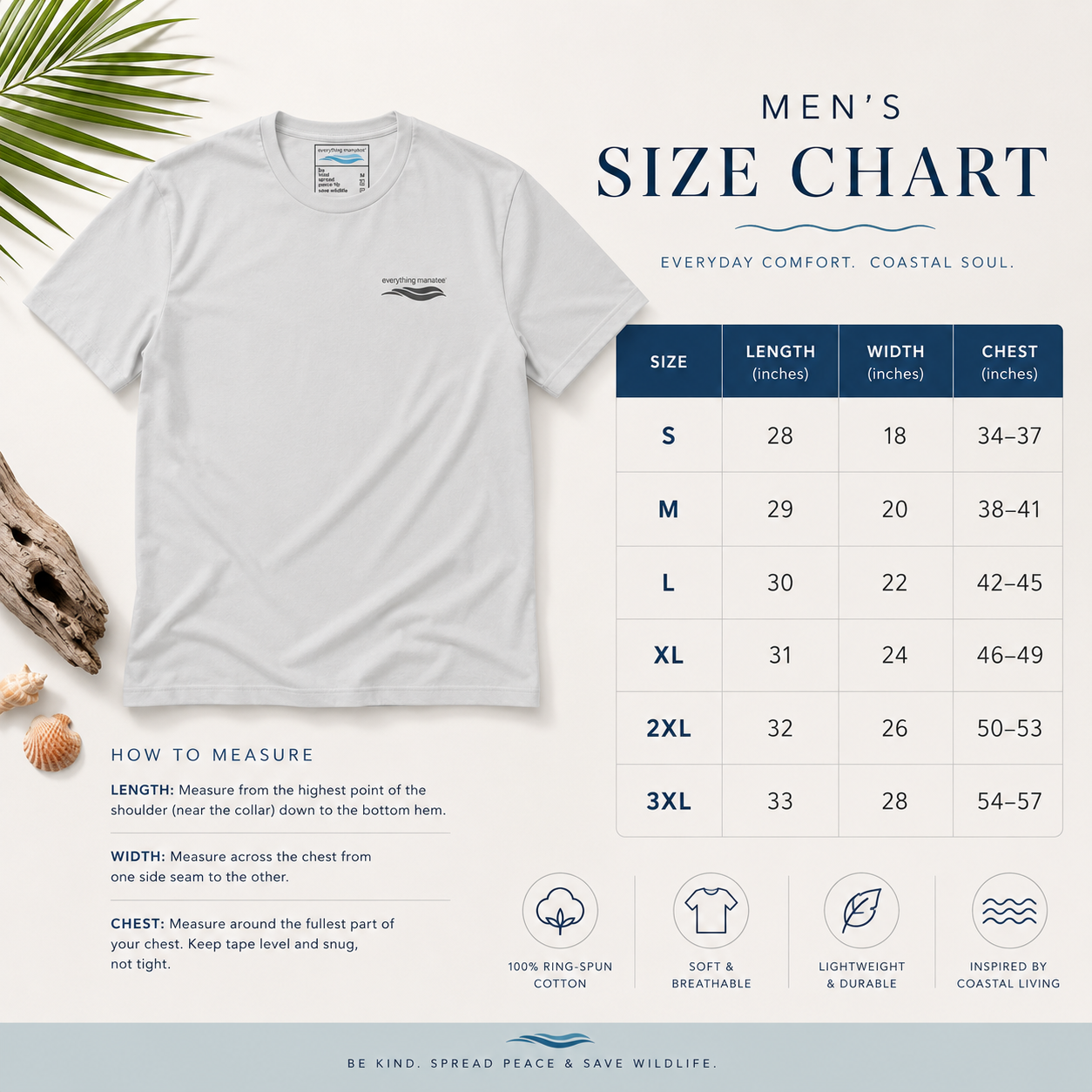 A size chart graphic for a men's white short-sleeve t-shirt, showing a measurement table from S to 3XL with length, width, and chest in inches, alongside a labeled white shirt and measurement instructions on a styled light background.