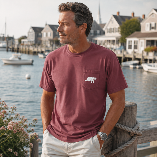 A man wearing a dusty rose pocket t-shirt with a white polar bear graphic on the chest, standing by a wooden dock with a harbor and houses in the background.