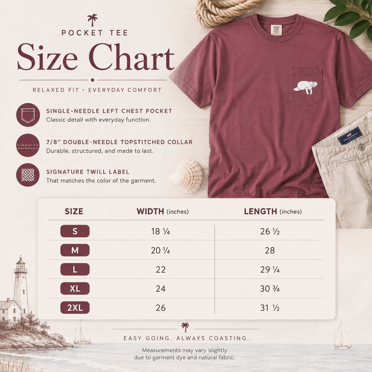A size chart graphic for a Pocket Tee t-shirt, showing a maroon t-shirt with a chest pocket, a size table from S to 2XL with width and length measurements, and product feature callouts on a light beige background.