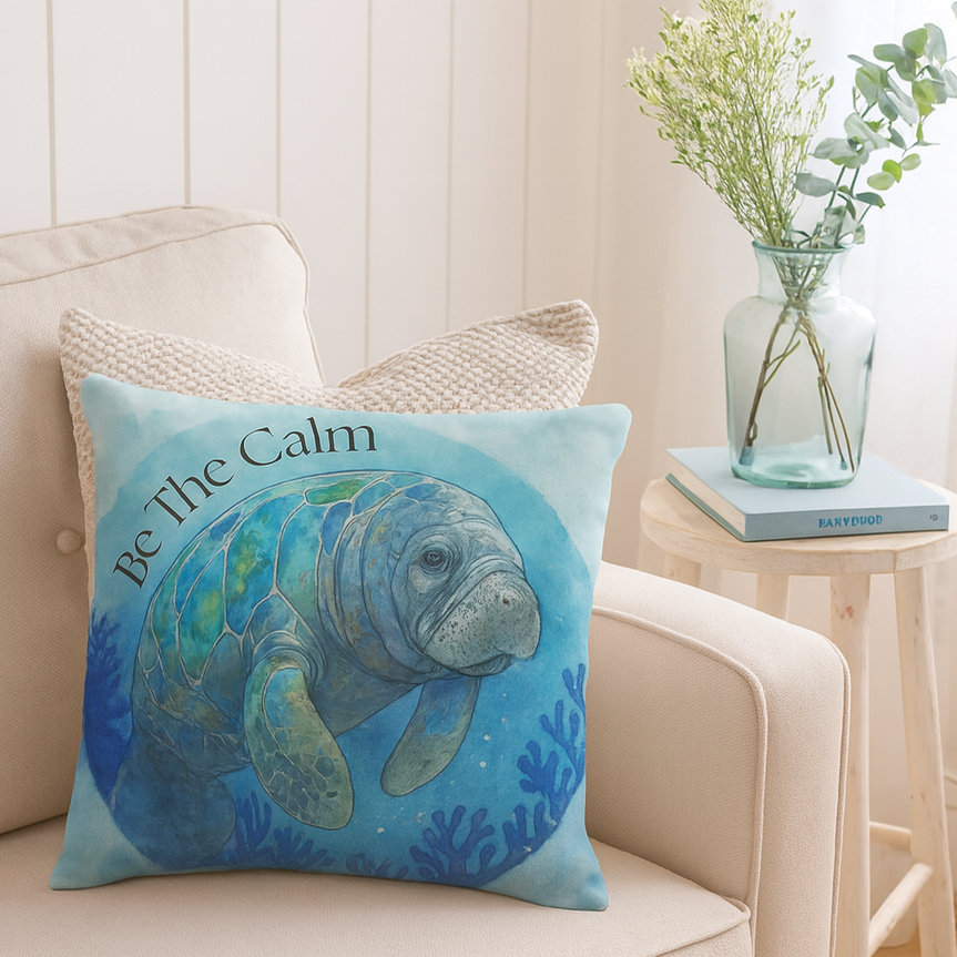 Decorative pillow with a manatee design and 'Be The Calm' text on a beige couch.