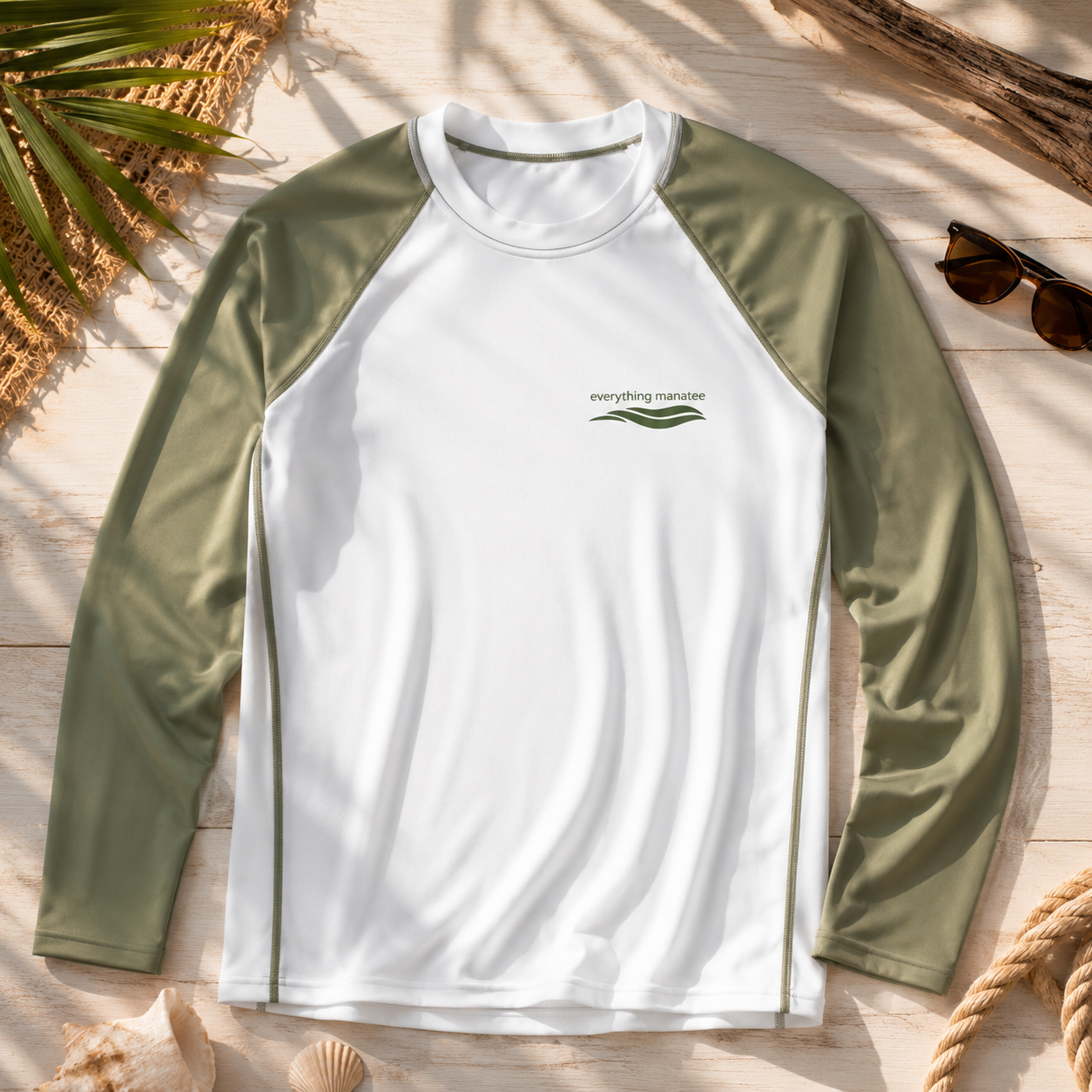 A long-sleeve raglan shirt laid flat on a light wood surface with beach-themed props. The shirt has a white body and olive green sleeves, with a small green wave logo and the text 'everything marine' on the left chest.