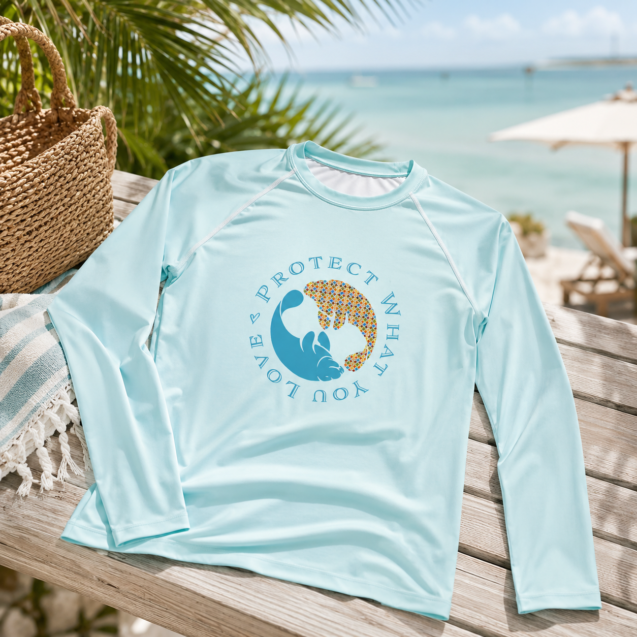 A light blue long-sleeve rash guard shirt with a graphic of a manatee and the text 'PROTECT WHAT YOU LOVE' laid out on a wooden beach chair with a straw hat and tropical beach background.