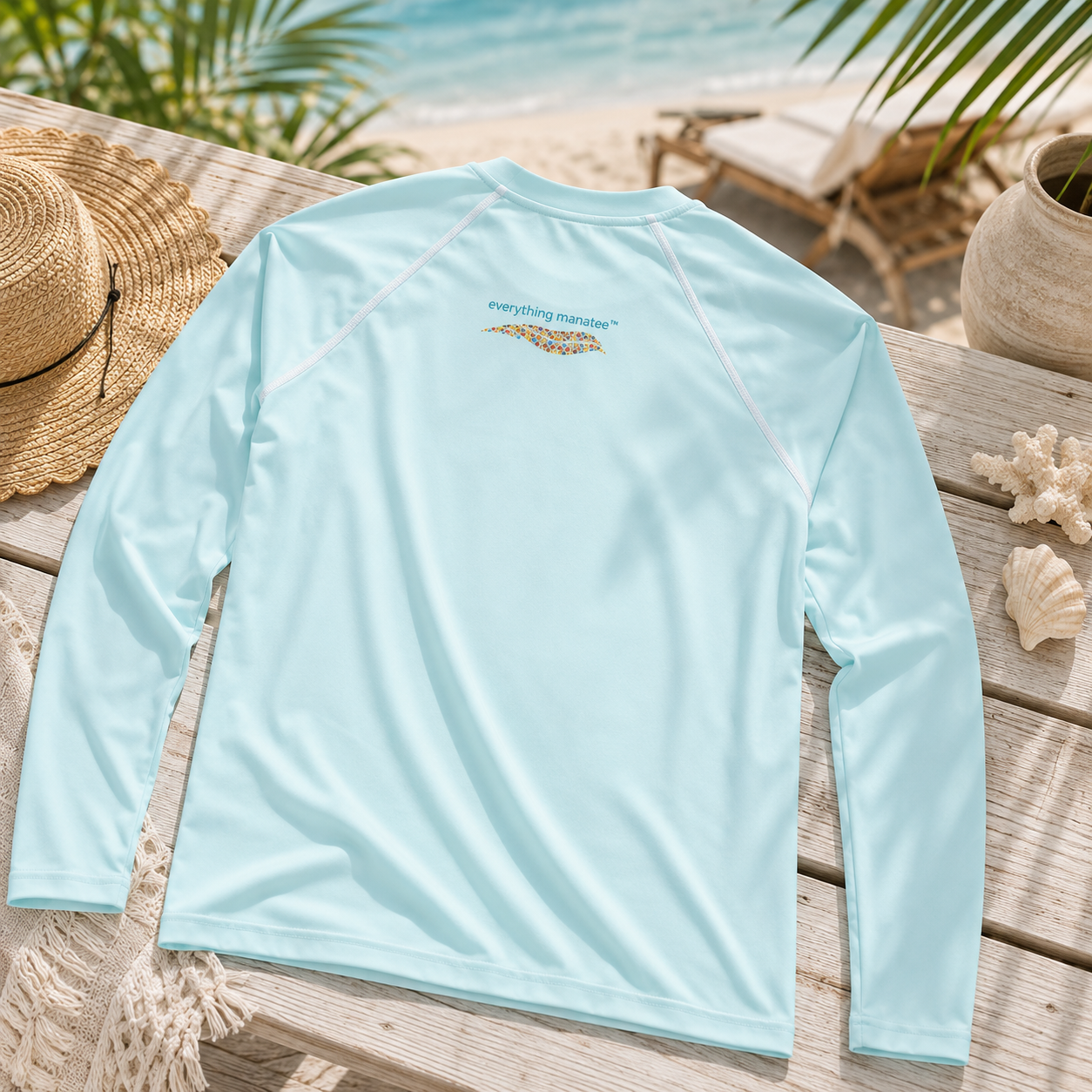 A light blue long-sleeve rash guard shirt laid flat on a wooden table with a beach background, featuring a small 'Everything Marine' logo printed on the chest.