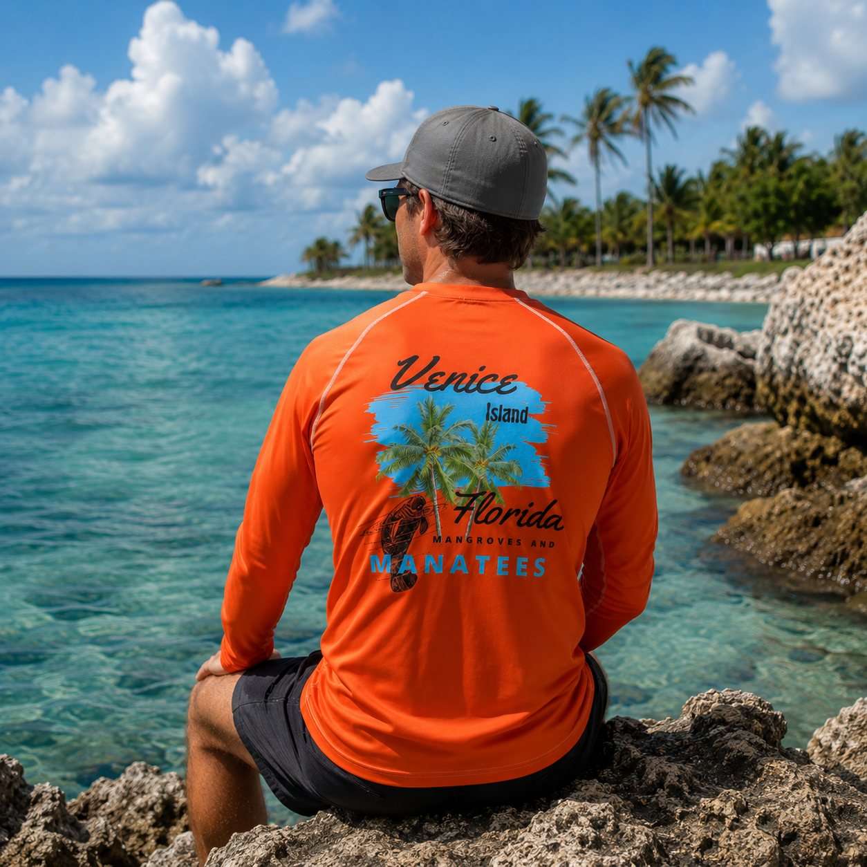 A man wearing a bright orange long-sleeve rash guard with a 'Venice Island Florida Manatees' graphic on the back, sitting on a rocky beach with turquoise water and palm trees in the background.