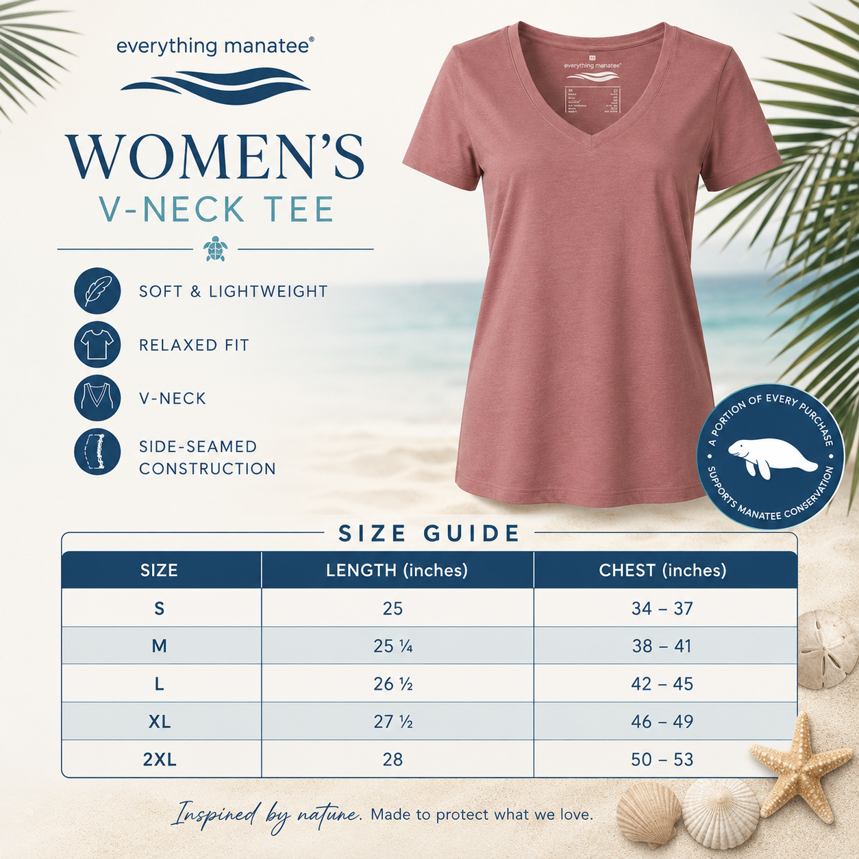 A women's v-neck t-shirt in dusty rose pink, shown on a beach-themed graphic with a size guide table and product features listed on the left. The brand is 'everything manatee'.