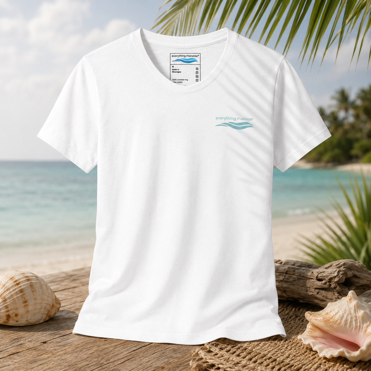 A white short-sleeve t-shirt with a small light blue wave graphic and 'Wet & Dry Surfing Club' text on the left chest, displayed on a wooden surface with a tropical beach background.