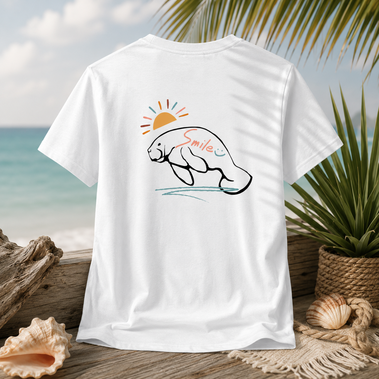 A white short-sleeve t-shirt is shown from the back, featuring a graphic of a smiling manatee under a rising sun with the word 'Smile' written across it. The shirt is displayed in a beach-themed setting with a wooden dock, seashells, a potted plant, and the ocean in the background.