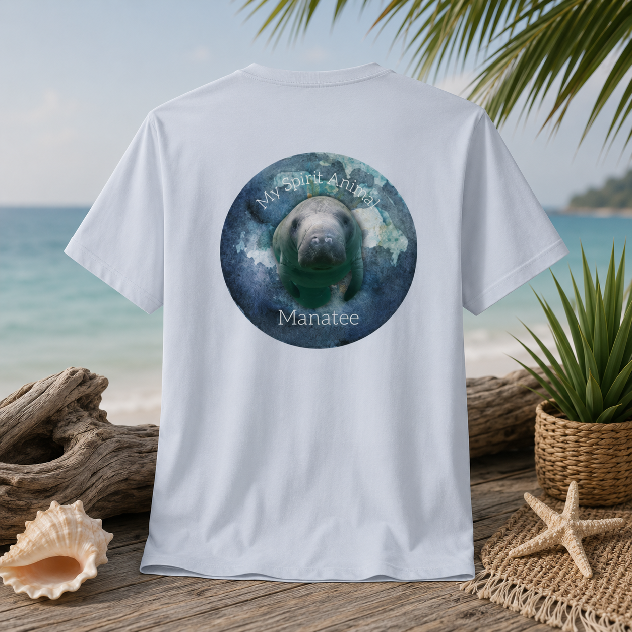 A white short-sleeve t-shirt shown from the back, featuring a circular graphic of a manatee in blue-green water with the text 'My Fin Friend Manatee'. The shirt is displayed in a beach-themed setting with a wooden table, seashell, driftwood, a potted plant, and a starfish, with the ocean and palm leaves in the background.
