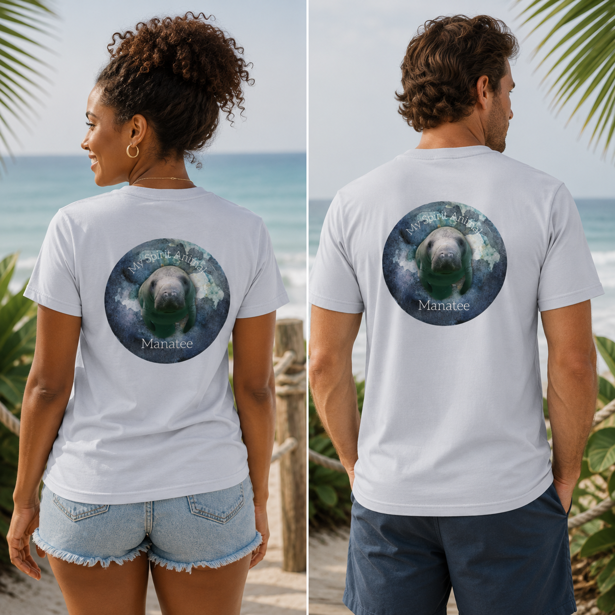 A split view showing the front and back of a white short-sleeve T-shirt worn by a woman and a man on a beach. The back of the shirt has a large circular graphic featuring a blue-gray seal on water with the word 'Manatee' below it.