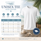 A white short-sleeve unisex t-shirt is shown on a mannequin torso against a tropical beach background, with a size guide chart and product feature icons on the left side. The text reads 'everything manatee' and 'UNISEX TEE SIZE GUIDE'.