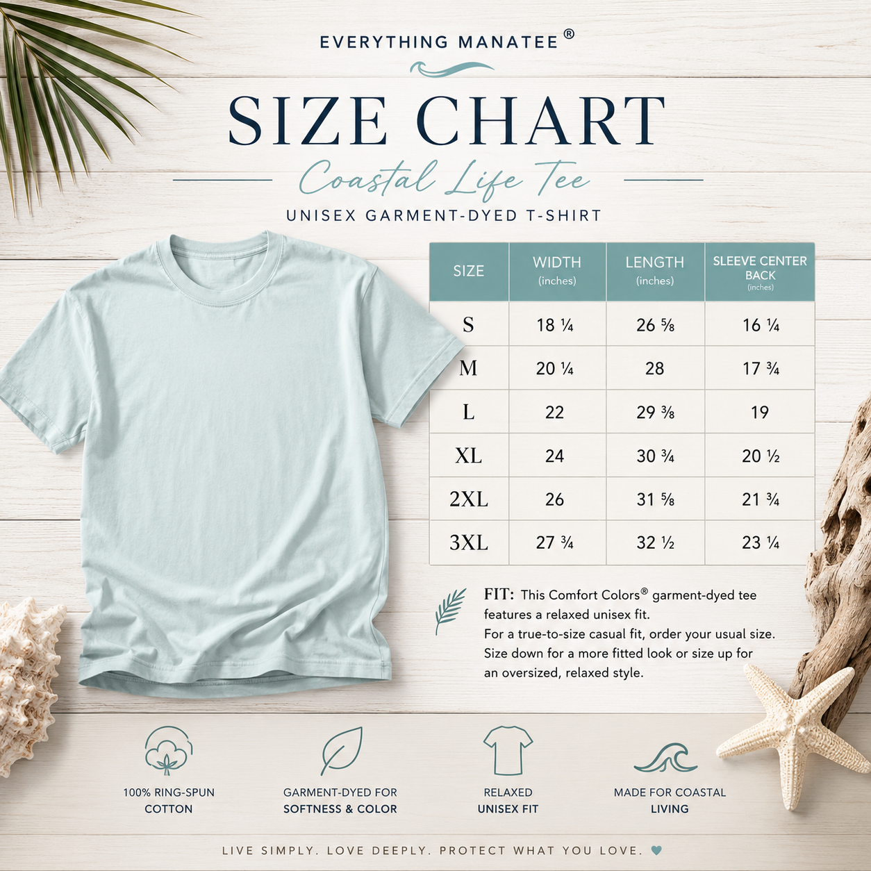 A size chart graphic for the Everything Manatee Coastal Life Tee unisex garment-dyed t-shirt, showing a light blue t-shirt on a white wood background with a sizing table from S to 3XL. The graphic includes icons at the bottom highlighting 100% ring-spun cotton, garment-dyed features, relaxed unisex fit, and made for coastal living.