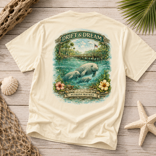 A cream-colored short-sleeve t-shirt with a large vintage-style graphic on the back. The graphic features a manatee in turquoise water with the text 'DRIFT & DREAM' and 'FLORIDA WATERS'.