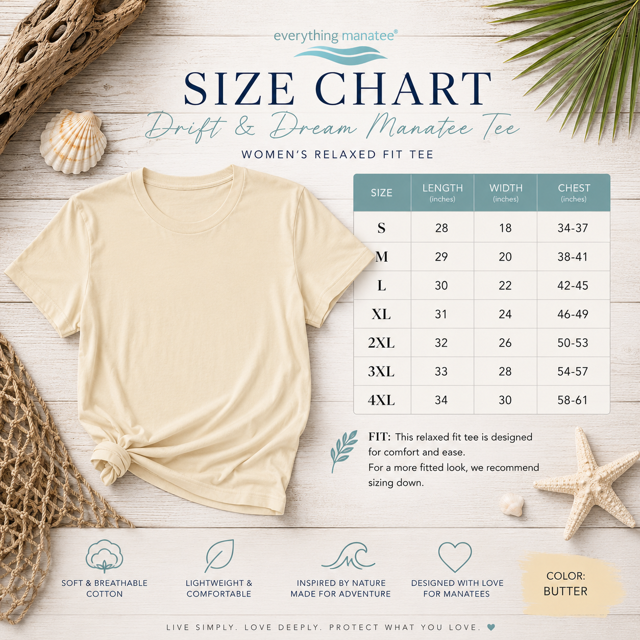 A size chart graphic for the Drift & Dream Manatee Tee by everything manatee, showing a cream-colored t-shirt and a size table with measurements for S through 4XL. The image is styled with a flat-lay of a matching t-shirt, seashells, a starfish, and tropical leaves on a whitewashed wood background.