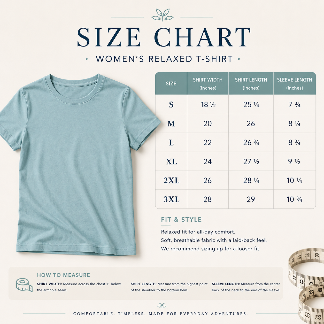 A size chart graphic for a women's relaxed T-shirt, showing a light blue T-shirt on the left and a measurement table with sizes S through 3XL, shirt width, shirt length, and sleeve length. Text at the top reads 'SIZE CHART' and 'WOMEN'S RELAXED T-SHIRT.
