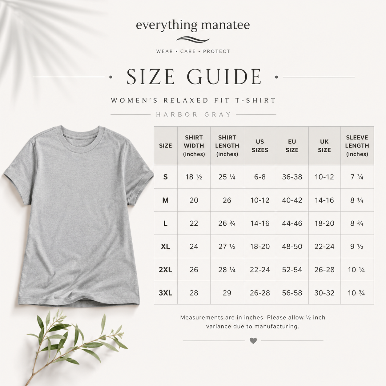 A size guide graphic for a women's relaxed fit t-shirt in harbor gray, showing a gray t-shirt on the left and a detailed sizing table on the right with measurements in inches.