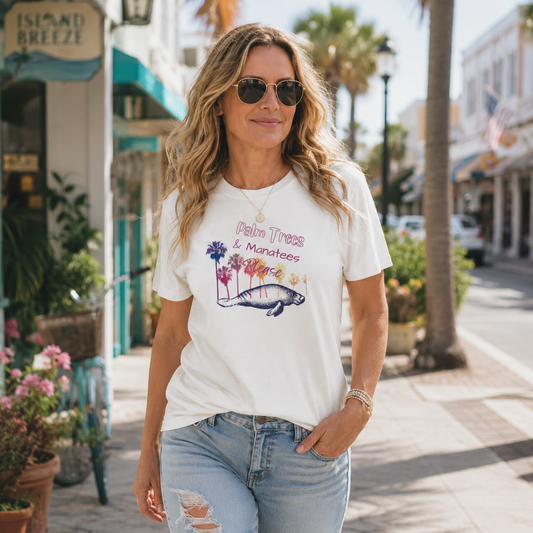A woman wearing a white graphic t-shirt with a 'Palm Trees & Monasteers' fish design, styled with light-wash distressed jeans, standing on a sunny outdoor street.