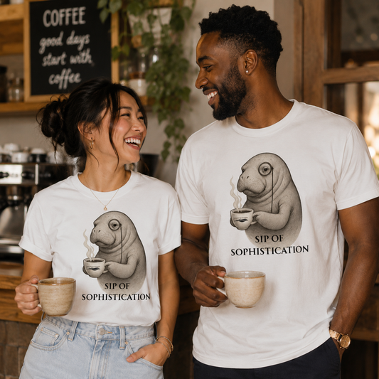 A man and a woman standing in a coffee shop wearing matching white graphic t-shirts featuring a sepia-toned illustration of an octopus holding a cup and the text 'SIP OF SOPHISTICATION'.