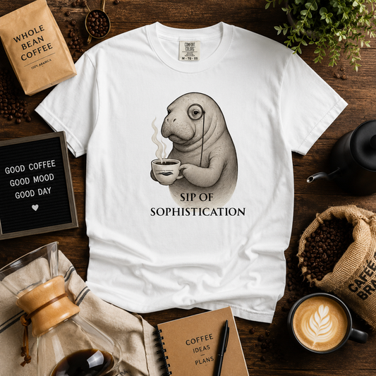 A white short-sleeve graphic T-shirt laid flat on a rustic wooden surface, featuring a sepia illustration of a seal holding a coffee cup with the text 'SIP OF SOPHISTICATION.' The shirt is styled with coffee-themed props including a coffee bag, coffee beans, a coffee maker, a cup of latte, a notebook, and a letter board.