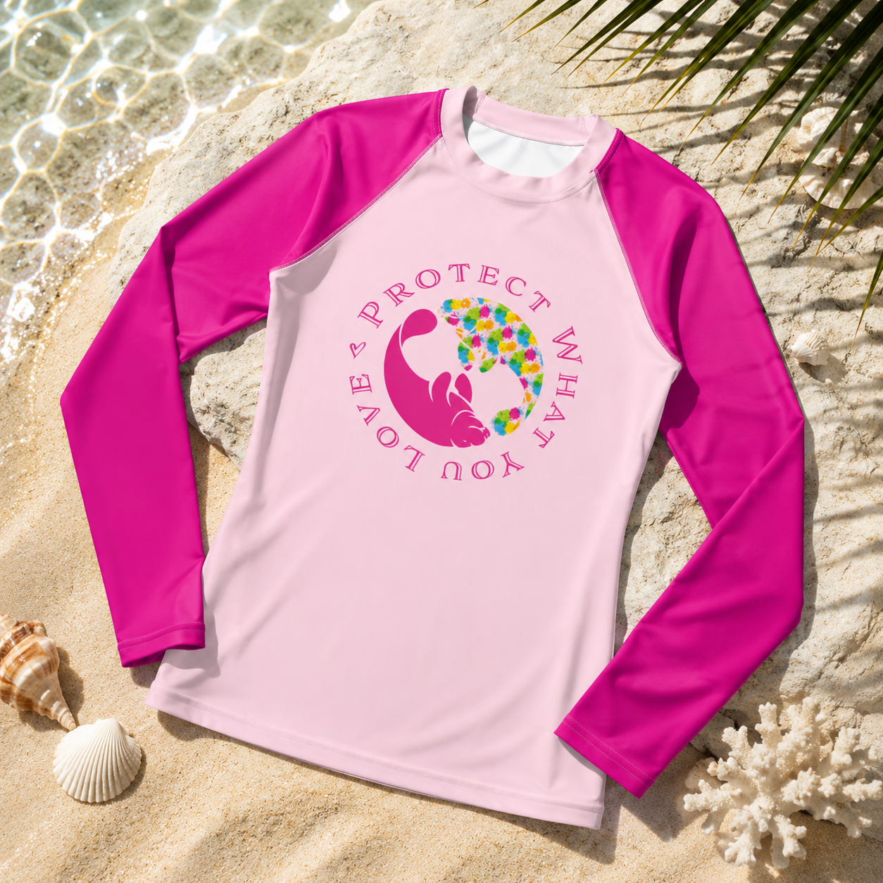 Coastal Embrace Sunset Hibiscus Manatee Rash Guard | Womens
