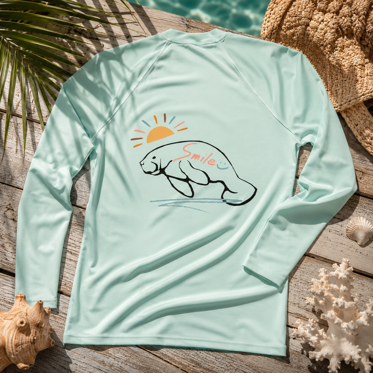 A mint green long-sleeve rash guard shirt with a manatee graphic and the word 'Smile' printed on the back, styled in a flat-lay on a wooden deck with seashells, palm leaves, and a woven hat.