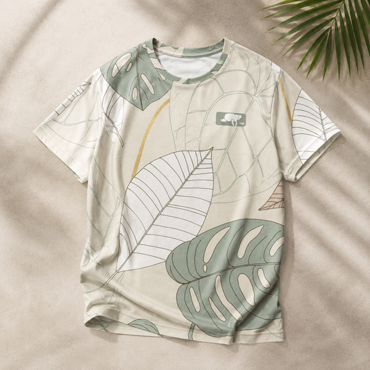 T-shirt with leaf pattern on a beige background